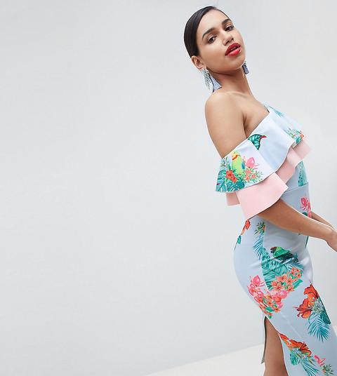 True Violet - Vestito Midi Monospalla Con Volant - Multicolore