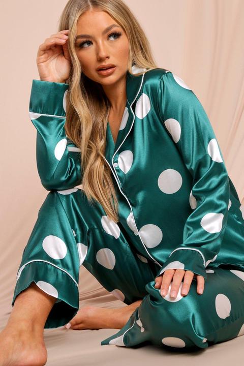 Womens Polka Dot Satin Trousers Pj Set Green