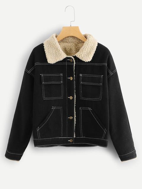 Stitch Detail Shearling Lined Denim Jacket