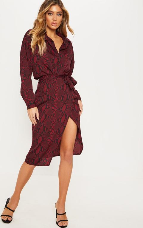 Burgundy Snake Print Belted Wrap Midi Skirt