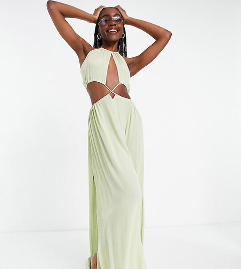 Vestido De Playa Largo Color Caqui Con Cuello Halter Y Cintura Cruzada De Asos Design Tall-verde
