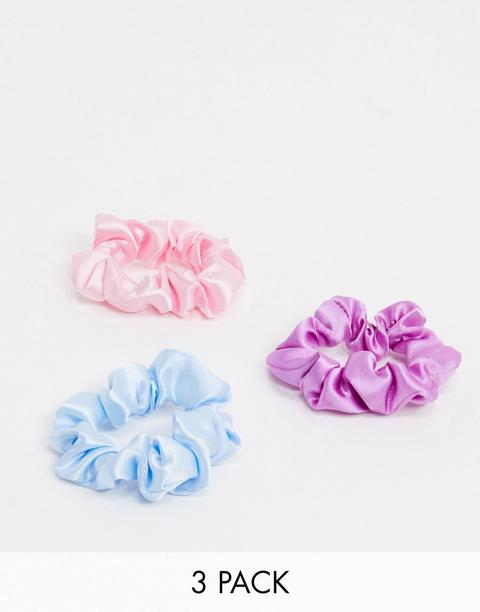 Asos Design Pack Of 3 Skinny Scrunchies In Blue Pink Lilac Satins-multi