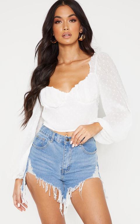 White Dobby Mesh Cup Detail Long Sleeve Crop Top