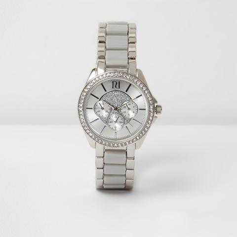 Grey Silver Tone Diamante Watch