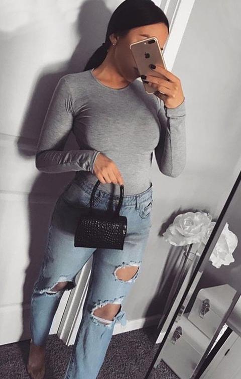 Light Grey Round Neck Long Sleeve Fitted Tee - Daisy