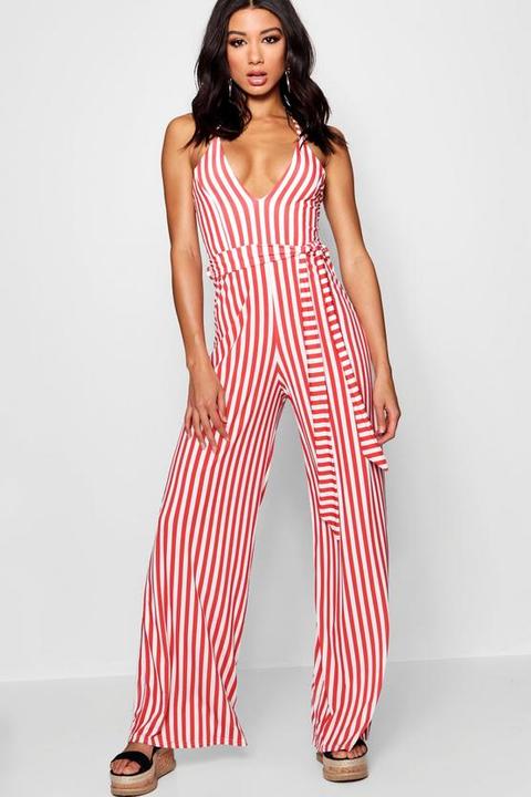 Striped Tie Belt Jumpsuit