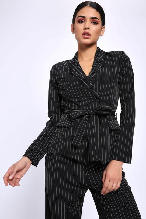 Black Pinstripe Belted Blazer