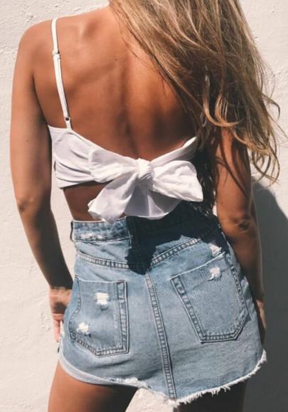 White Square Neck Backless Spaghetti Strap Bowknot Crop Vest