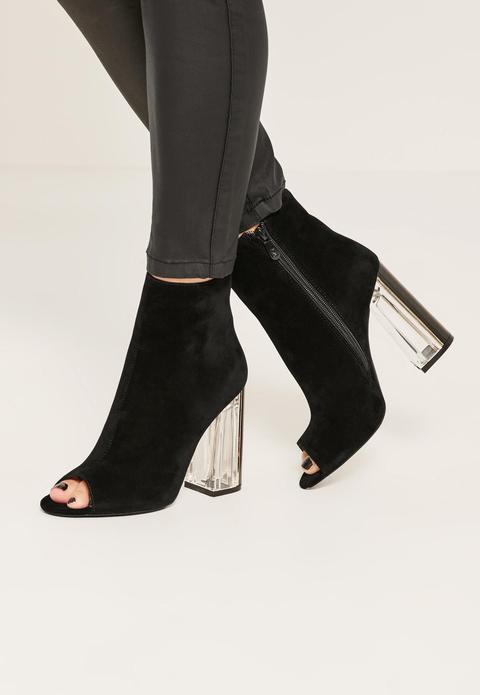 Black Faux Suede Peep Toe Clear Heeled Boots