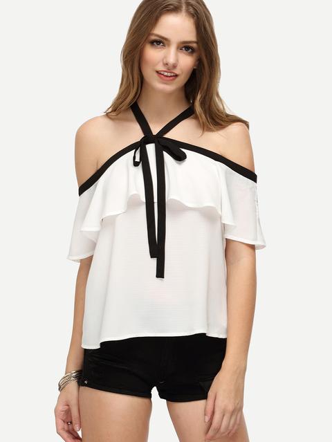 White Ruffle Halter Off The Shoulder Blouse