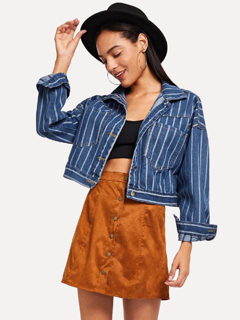 Cazadora Denim Corta De Rayas De Hombros Caídos