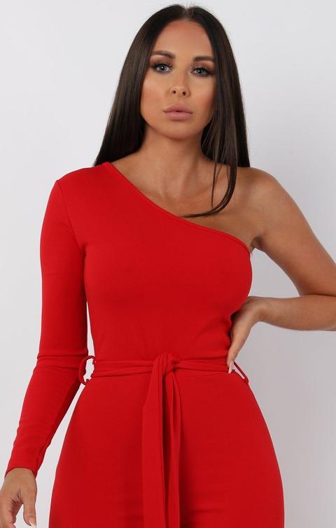 red belted one shoulder jumpsuit