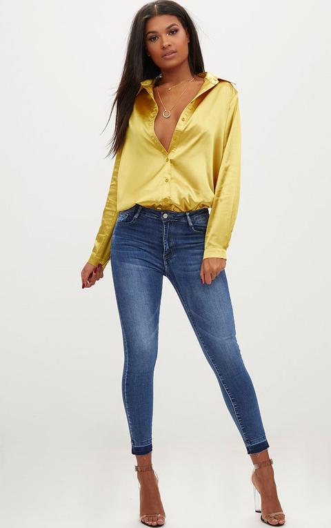 Mid Wash Contrast Hem High Waisted Skinny Jeans