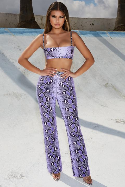 Snake Charmer Petite Vegan Leather Wide Leg Trousers In Purple Snake Print