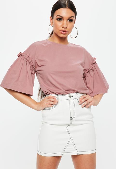 Pink Drop Shoulder Ruffle Sleeve T Shirt