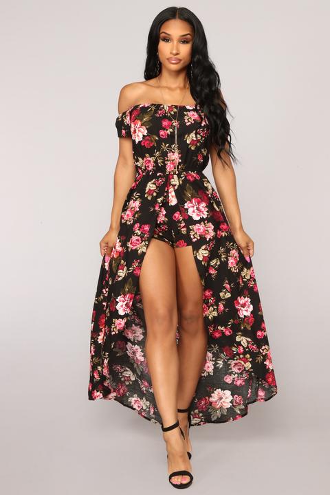 Day Trip Floral Maxi Romper - Black