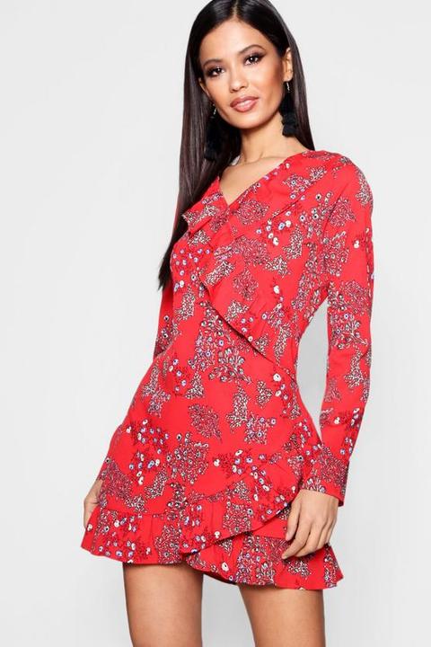 Red Ruffle Front Tea Dress