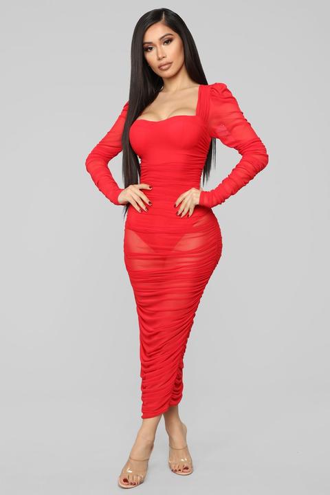 Mesh With His Head Ruched Dress - Red