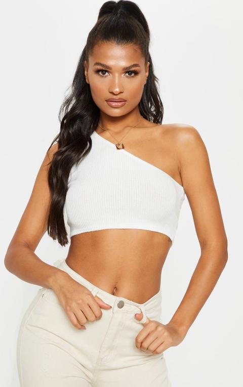 White Brushed Rib One Shoulder Crop Top, White