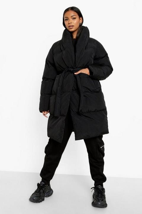 Womens Longline Wrap Belted Puffer Jacket - Black - 12, Black