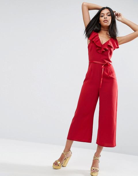 Asos - Tuta Lunga Con Volant Sulle Spalle - Rosso