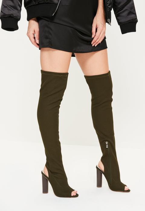 Khaki Peep Toe Thigh High Boots