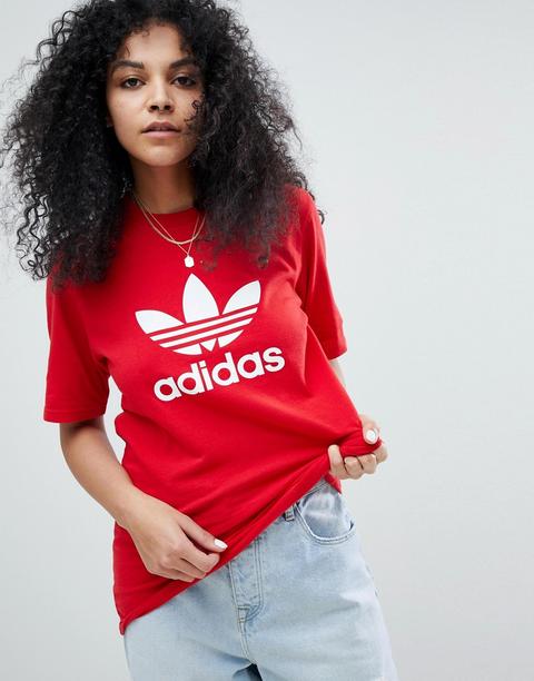 Adidas Originals - Adicolor - T-shirt Oversize Rossa Con Trifoglio - Rosso