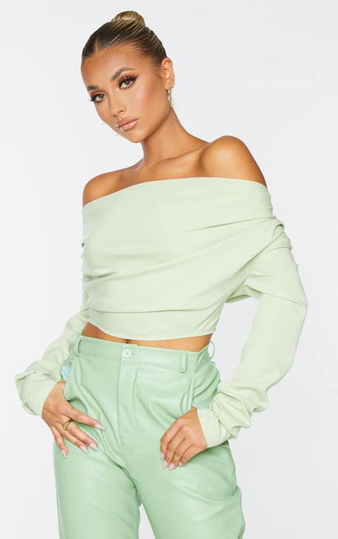 Sage Green Woven Draped Front Long Sleeve Cropped Shirt