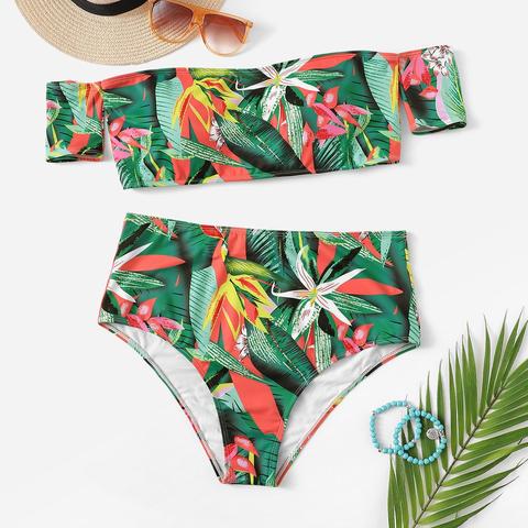 Top Tropical De Hombros Descubiertos Con Bikini De Cintura Alta-grande