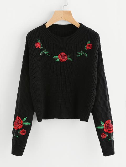 Rose Embroidered Cable Knit Sleeve Jumper