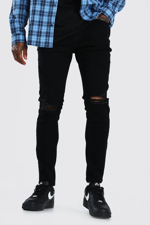 Mens Black Skinny Jeans With Ripped Knees, Black