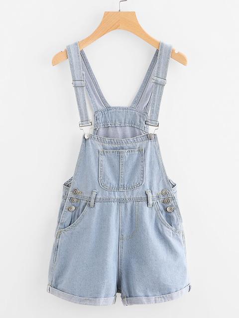 Cuffed Button Detail Denim Dungaree Shorts