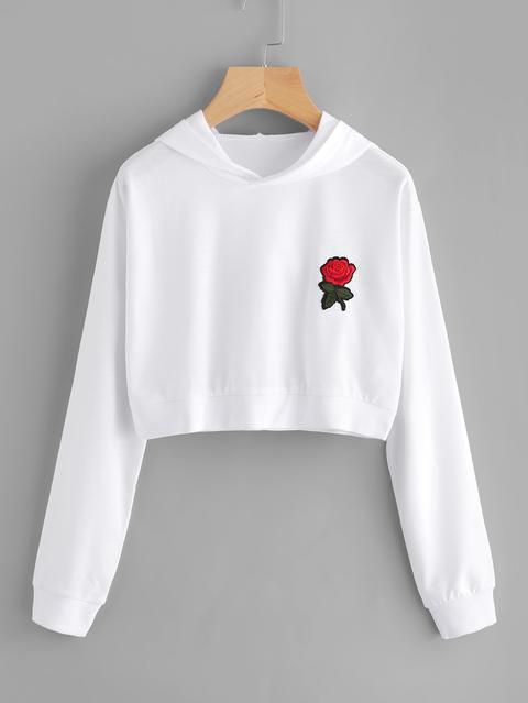 Rose Embroidered Patch Crop Hoodie