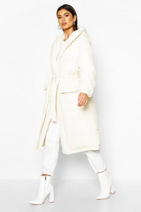 Womens Hooded Belted Longline Puffer - White - 8, White