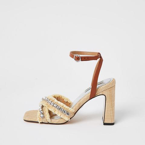 Beige Raffia Diamante Cross Strap Heel Sandal