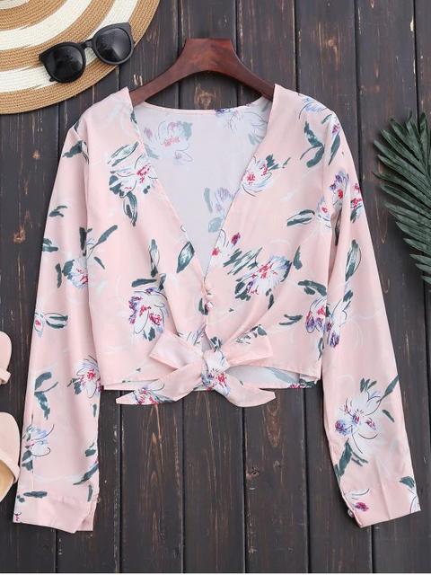 Plunge Floral Knot Hem Recortar Top