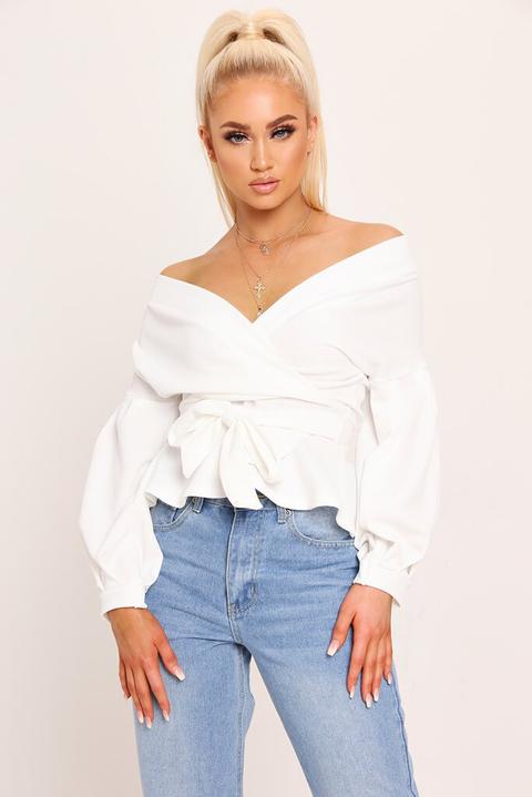 White Stretch Crepe Balloon Sleeve Blouse