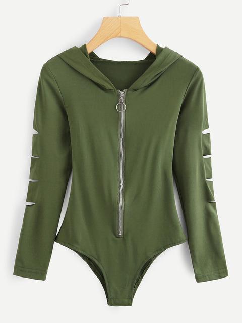 Cut Out Sleeve Zipper Front Hoodie Bodysuit
