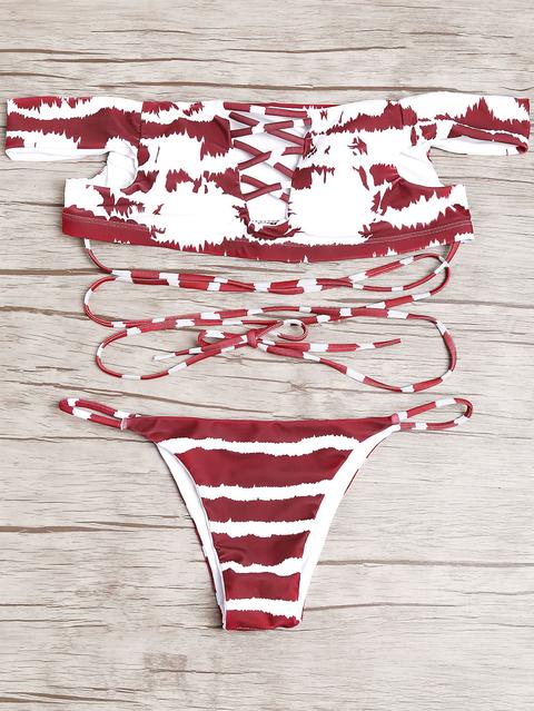 Borgogna Fuori Dalla Spalla Criss Cross Bikini