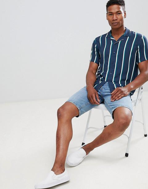 Pull&bear - Gestreiftes Hemd Mit Reverskragen In Marineblau - Navy