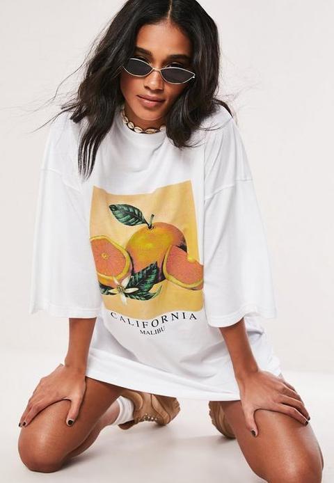 White Oversized Orange T Shirt Dress, White