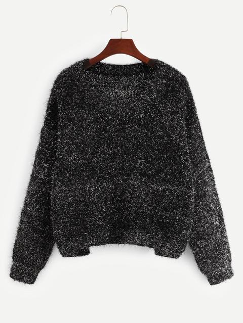 Drop Shoulder Marled Knit Fuzzy Sweater