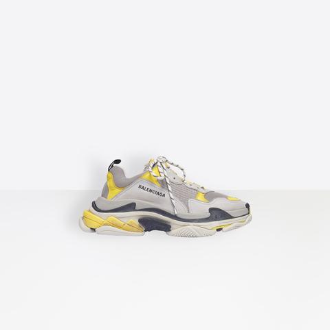 Sneaker Triple S Grise, Jaune Et Blanche En Cuir De Veau, Cuir D'agneau Et Maille