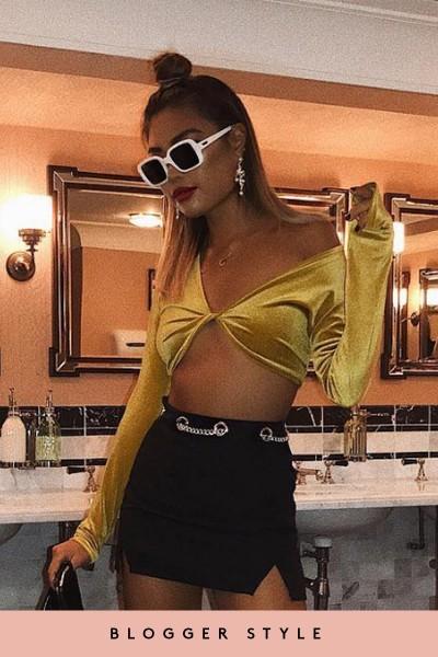 Michelle Mustard Twist Front Velvet Crop Top