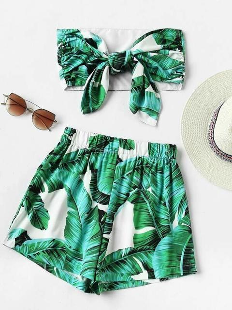 Conjunto De Top Bandeau Y Shorts De Estampado Tropical