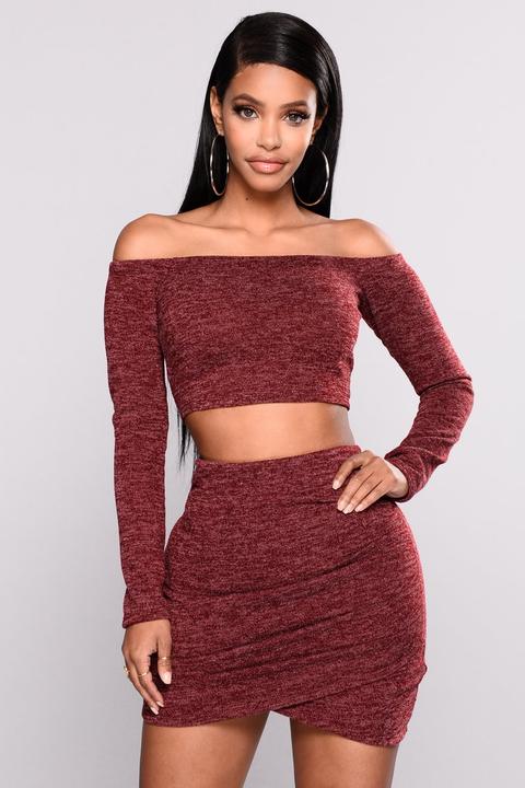 Owen Off Shoulder Skirt Set - Burgundy