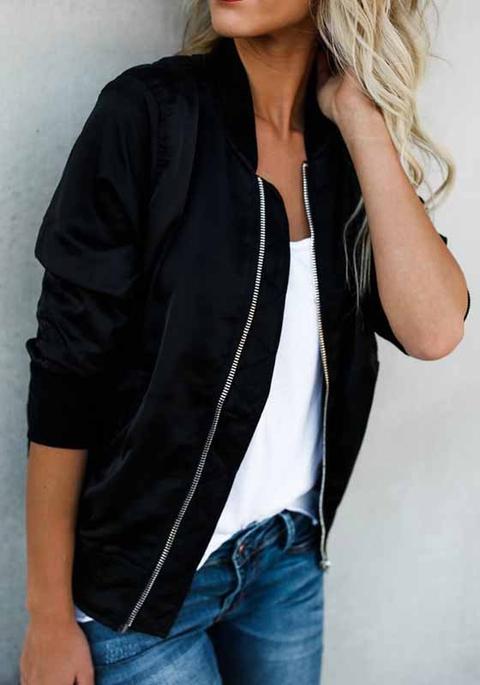 Black Band Collar Long Sleeve Zipper Casual Jackets Coat