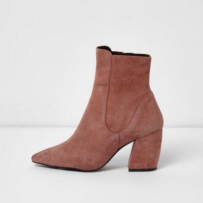 Pink Suede Curved Heel Pointed Ankle Boots