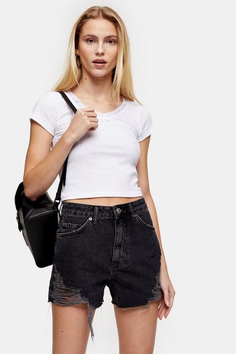 White Ribbed Crop Lace Trim T-shirt