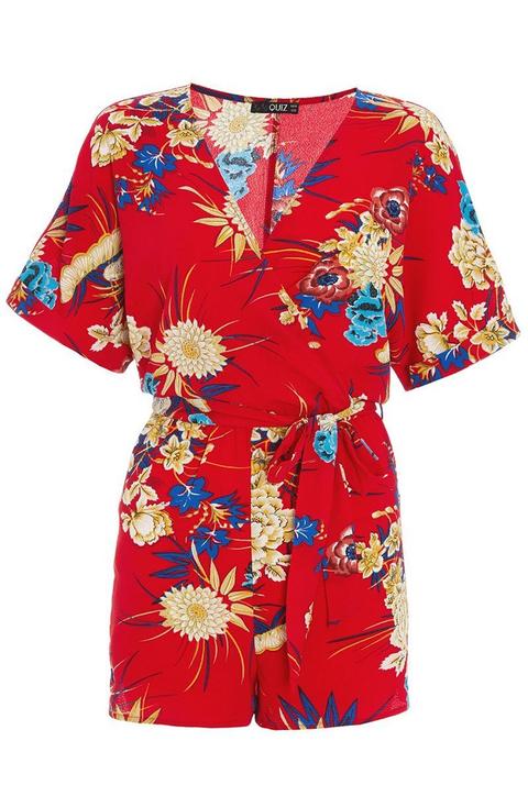 Red Oriental Floral Print Playsuit